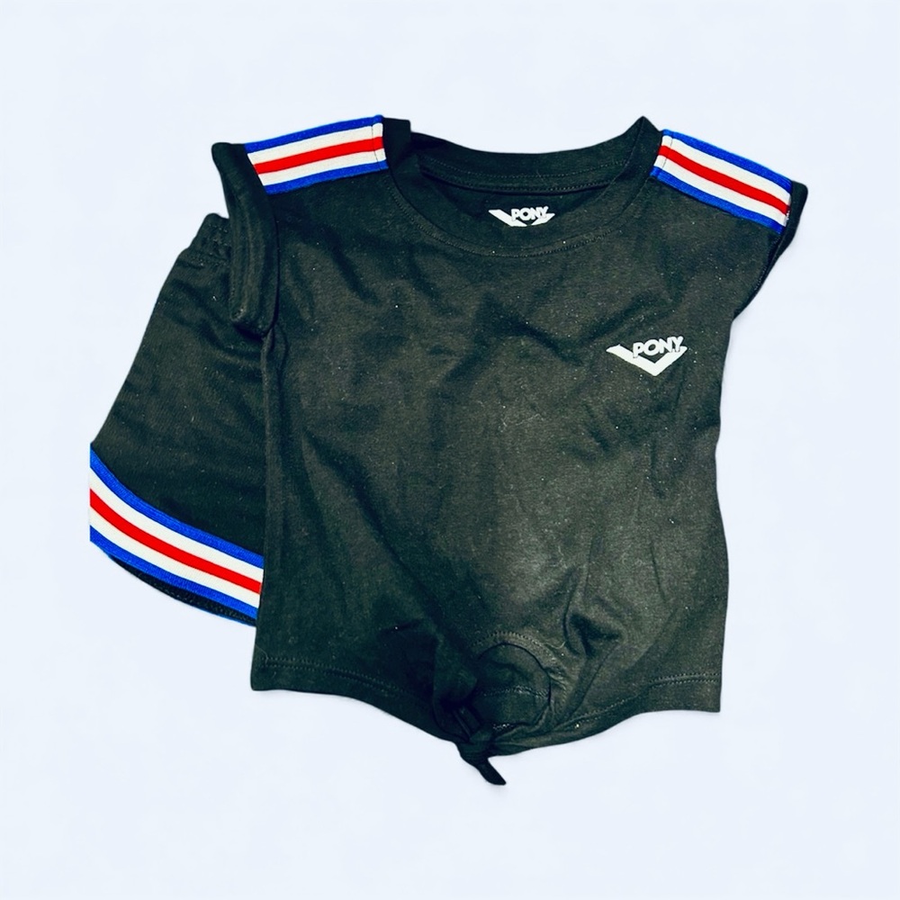 Pony Kids Black Shorts Outfit with Red and Blue Accents
